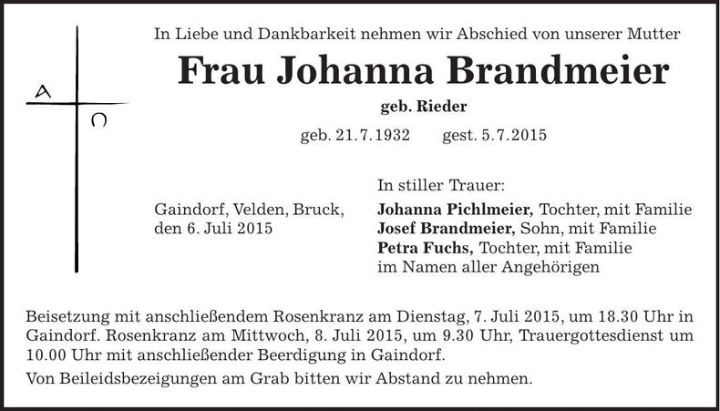 Traueranzeige Johanna Brandmeier