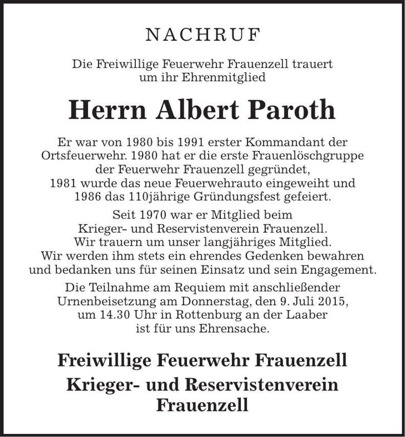 Traueranzeige Albert Paroth