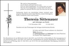 Traueranzeige Theresia Sittenauer