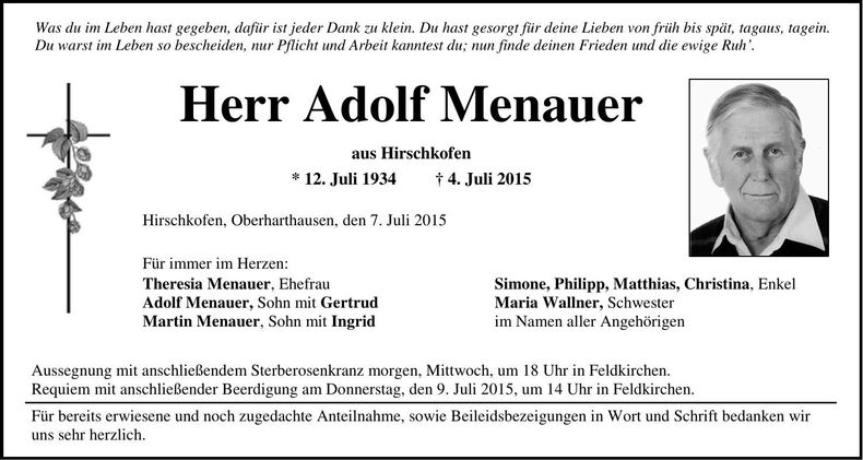 Traueranzeige Adolf Menauer