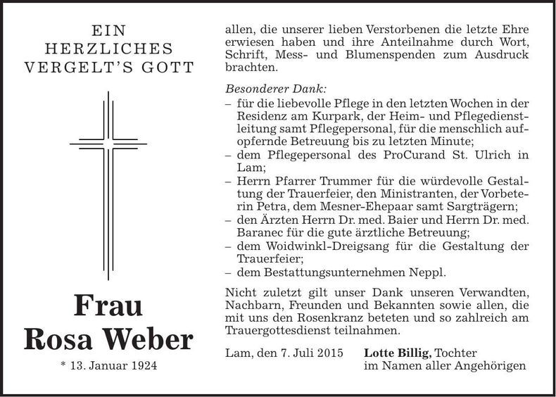 Traueranzeige Rosa Weber