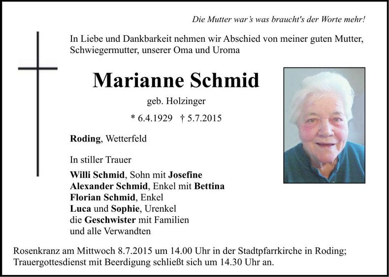 Traueranzeige Marianne Schmid