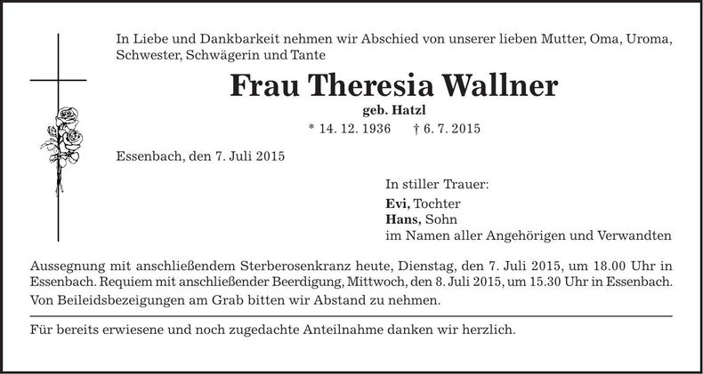 Traueranzeige Theresia Wallner
