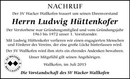 Traueranzeige Ludwig Hüttenkofer