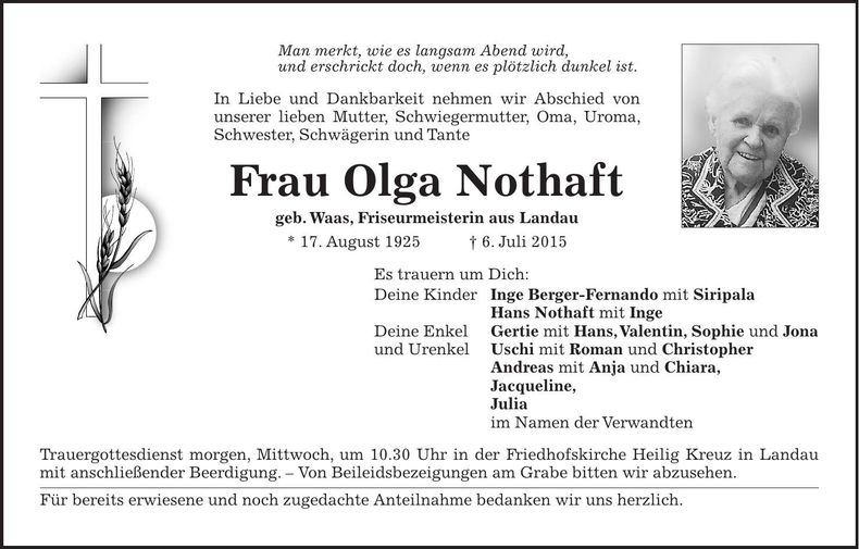 Traueranzeige Olga Nothaft