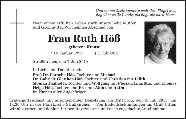 Traueranzeige Ruth Höß