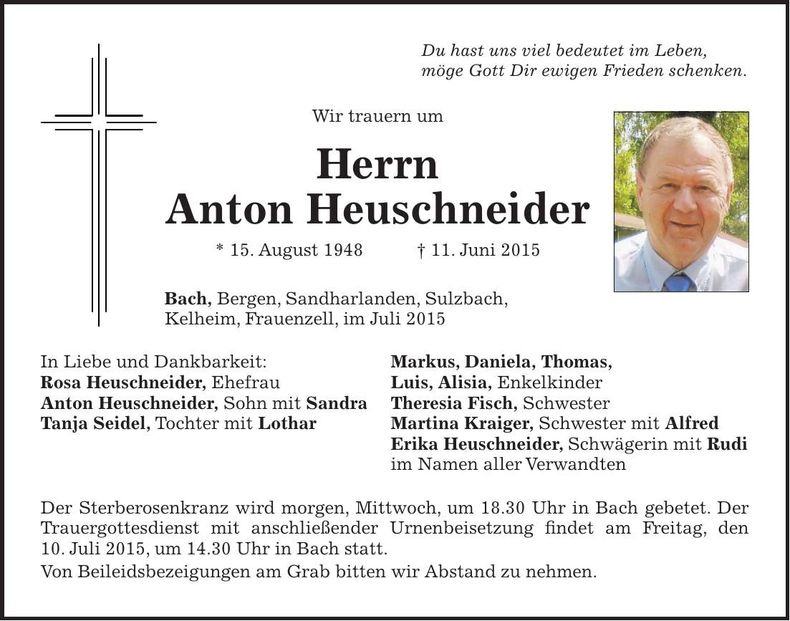 Traueranzeige Anton Heuschneider