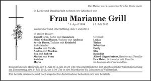 Traueranzeige Marianne Grill