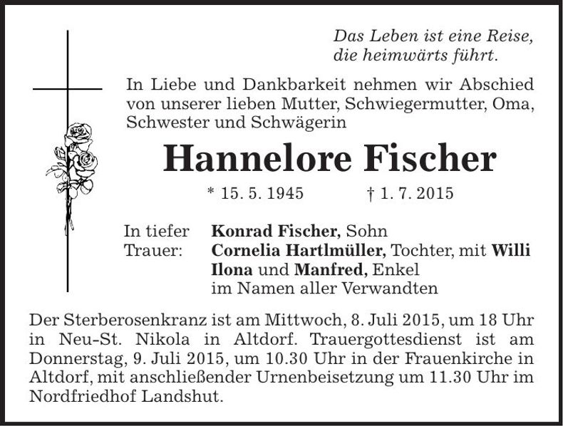 Traueranzeige Hannelore Fischer