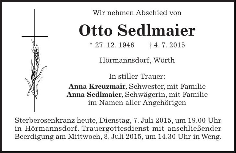 Traueranzeige Otto Sedlmaier