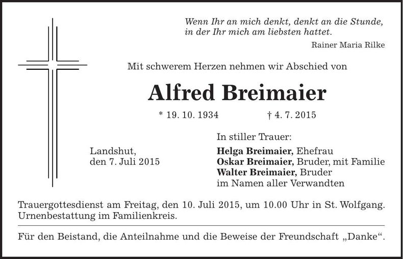 Traueranzeige Alfred Breimaier