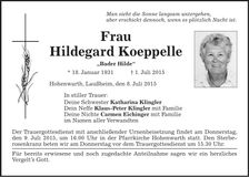 Traueranzeige Koeppelle Hildegard