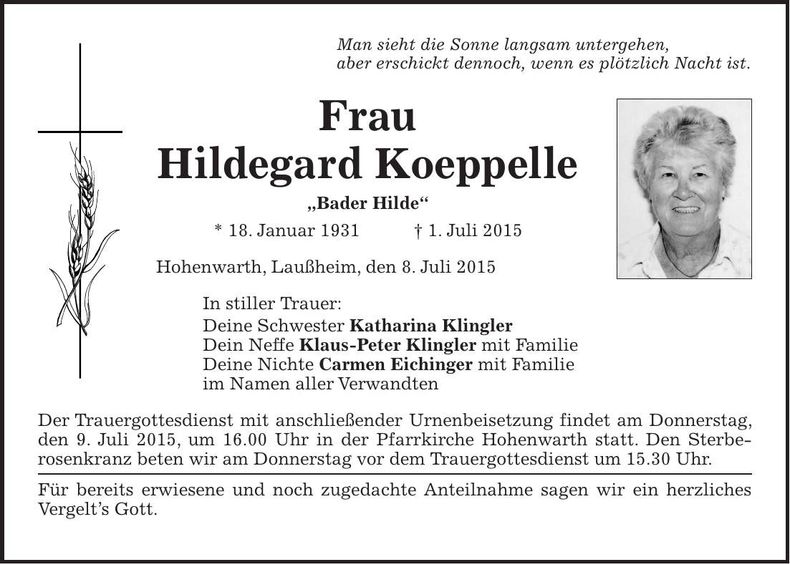 Traueranzeige Koeppelle Hildegard