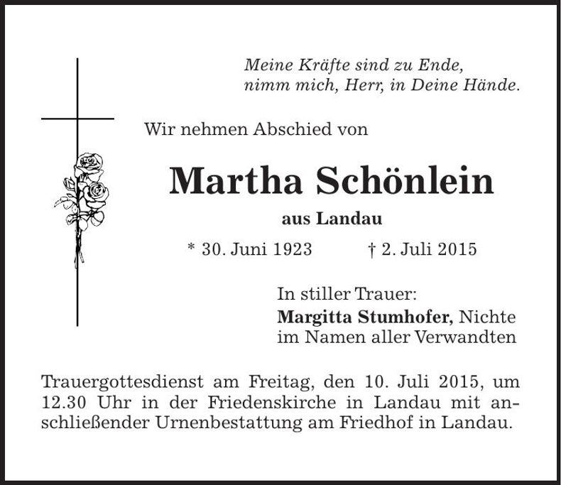 Traueranzeige Martha Schönlein