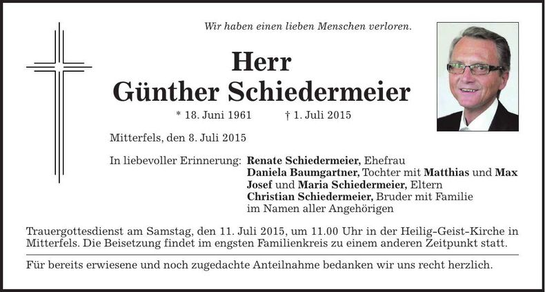 Traueranzeige Günther Schiedermeier