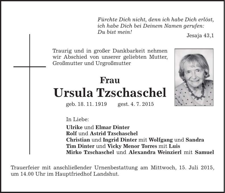 Traueranzeige Ursula Tzschaschel