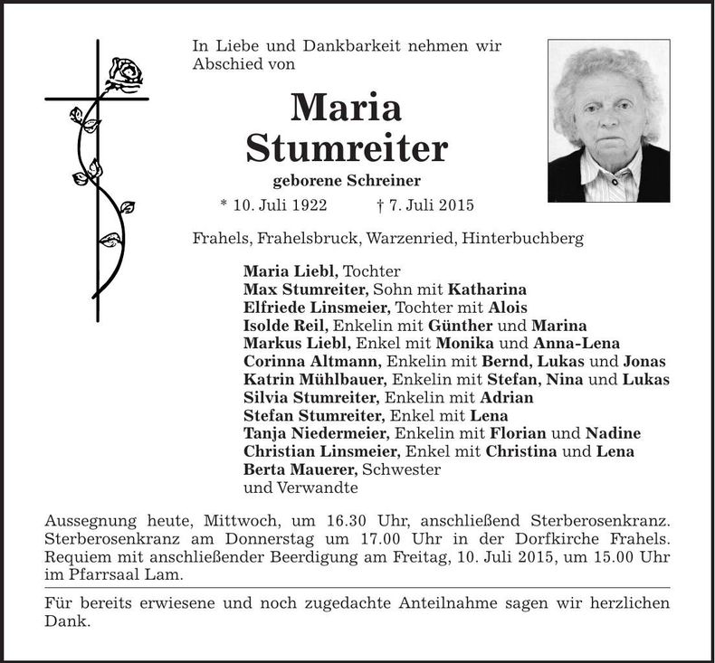 Traueranzeige Maria Stumreiter