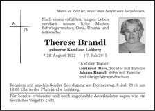 Traueranzeige Therese Brandl