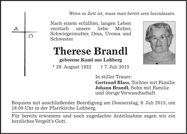 Traueranzeige Therese Brandl