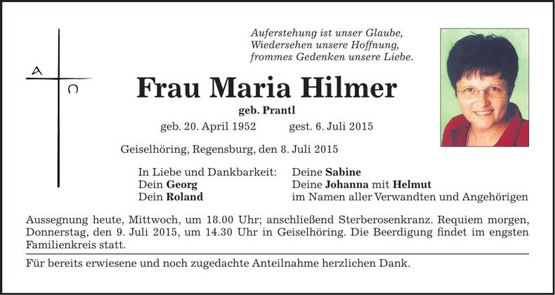 Traueranzeige Maria Hilmer