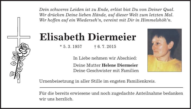 Traueranzeige Elisabeth Diermeier