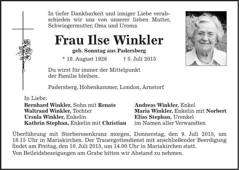 Traueranzeige Ilse Winkler