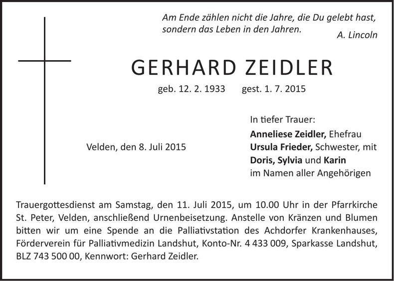 Traueranzeige Gerhard Zeidler