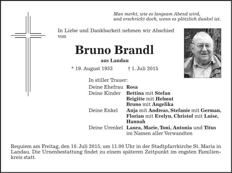 Traueranzeige Bruno Brandl