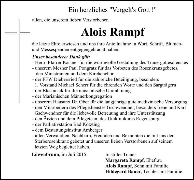 Traueranzeige Alois Rampf
