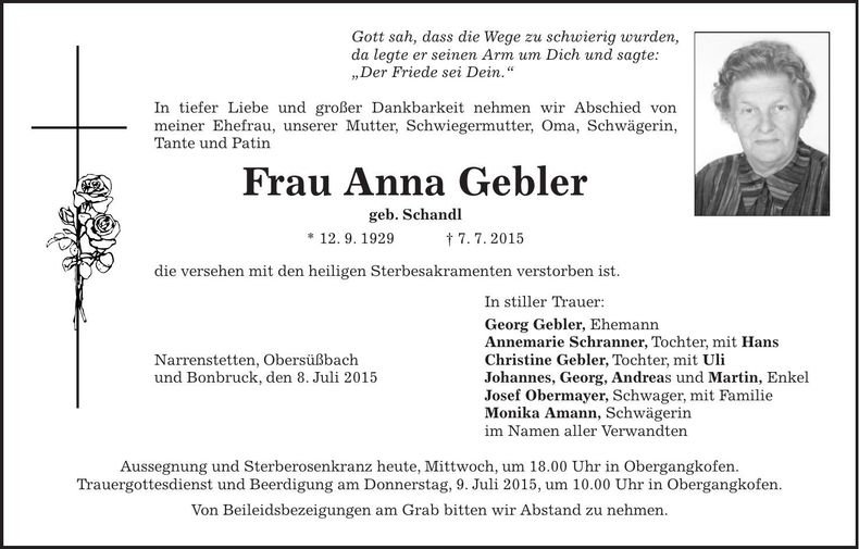 Traueranzeige Anna Gebler