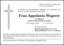Traueranzeige Appolonia Wagerer