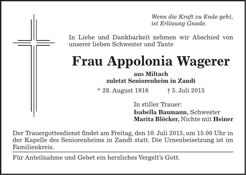 Traueranzeige Appolonia Wagerer