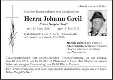 Traueranzeige Johann Greil