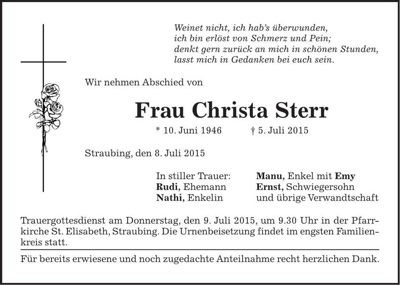 Traueranzeige Christa Sterr