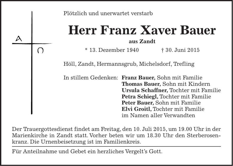 Traueranzeige Franz Xaver Bauer