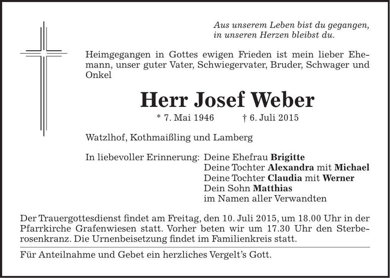 Traueranzeige Josef Weber
