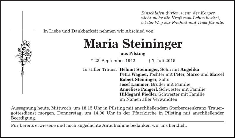 Traueranzeige Maria Steininger