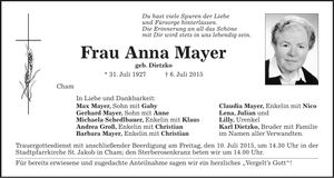 Traueranzeige Anna Mayer