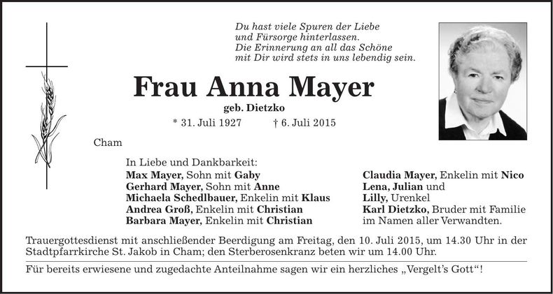 Traueranzeige Anna Mayer