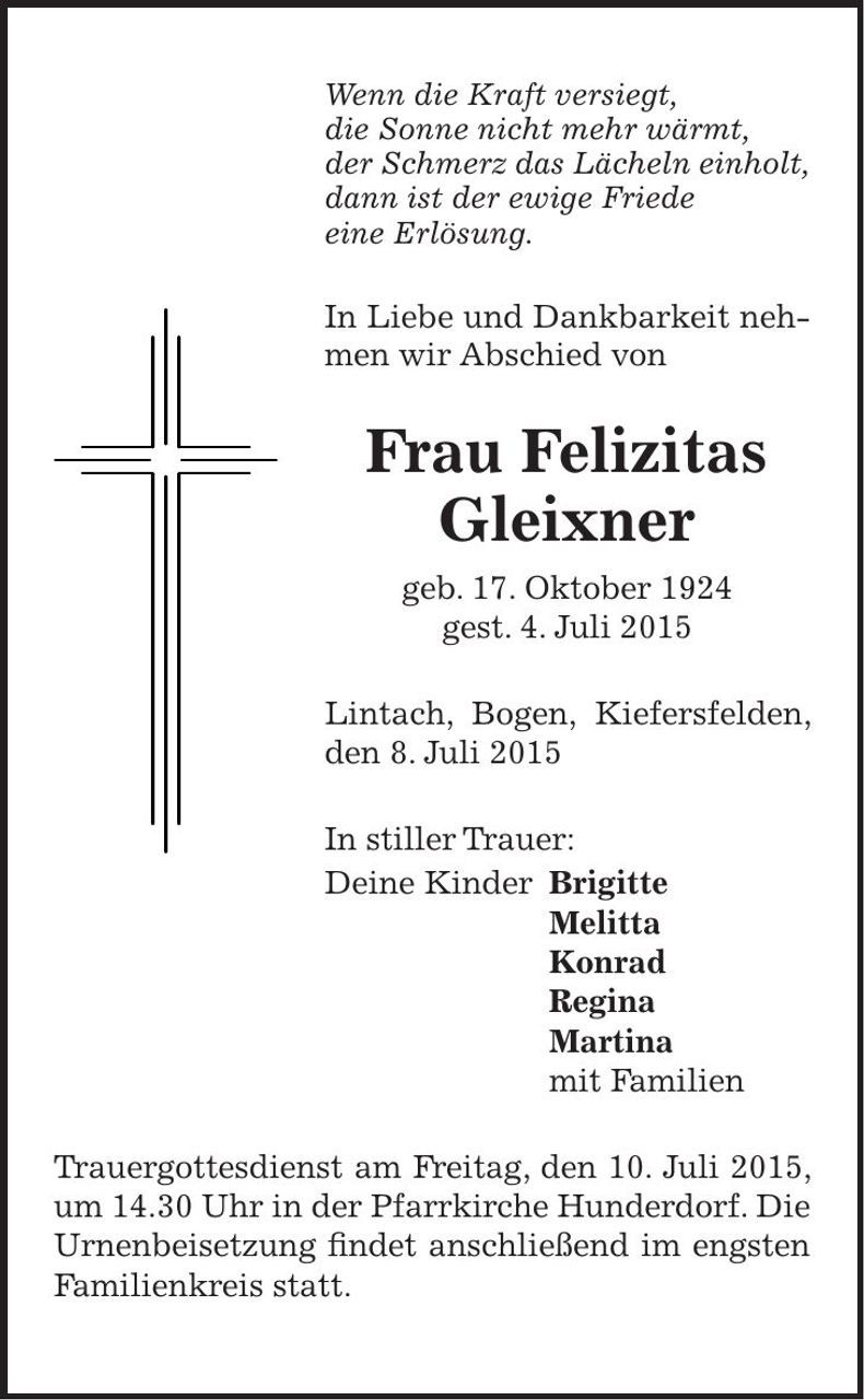 Traueranzeige Felizitas Gleixner