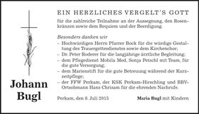 Traueranzeige Johann Bugl