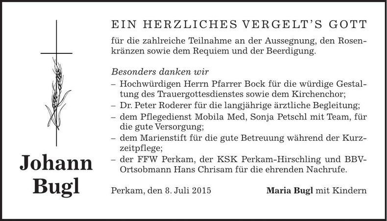 Traueranzeige Johann Bugl