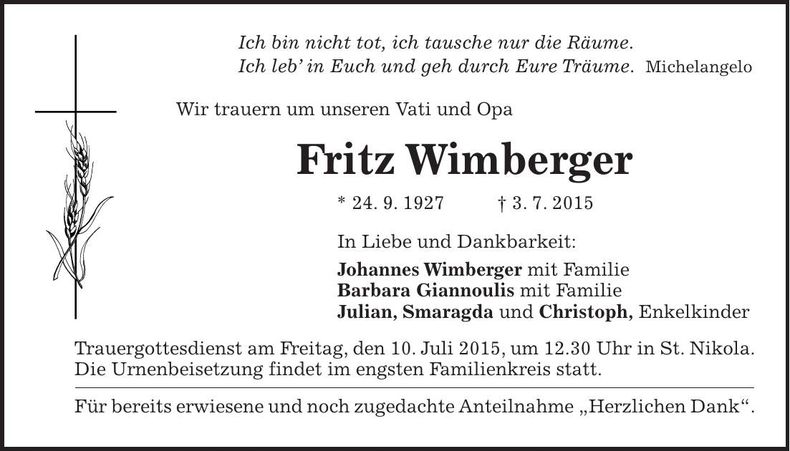 Traueranzeige Fritz Wimberger