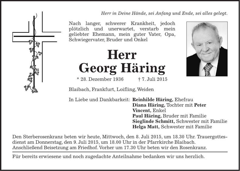 Traueranzeige Georg Häring