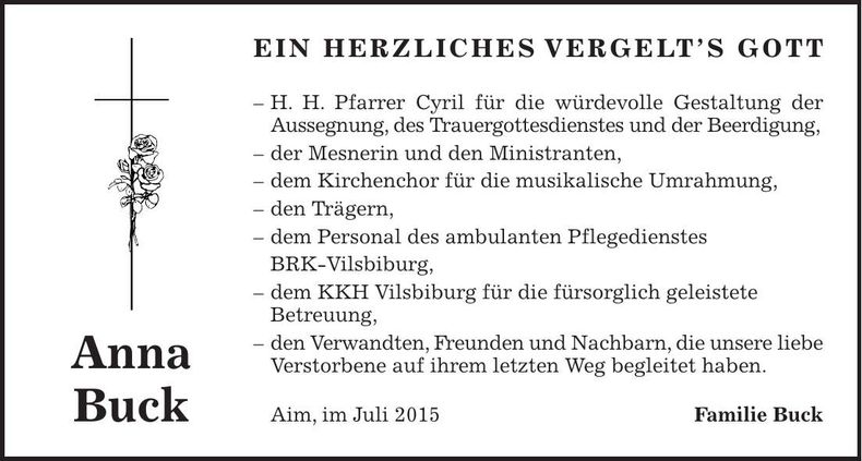 Traueranzeige Anna Buck