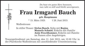 Traueranzeige Irmgard Bauch