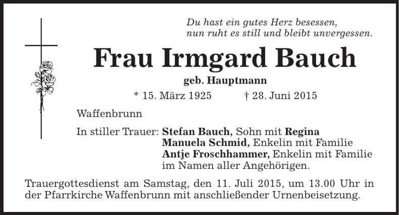 Traueranzeige Irmgard Bauch