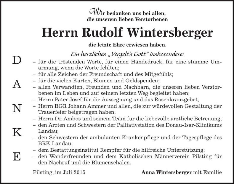 Traueranzeige Rudolf Wintersberger