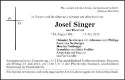 Traueranzeige Josef Singer
