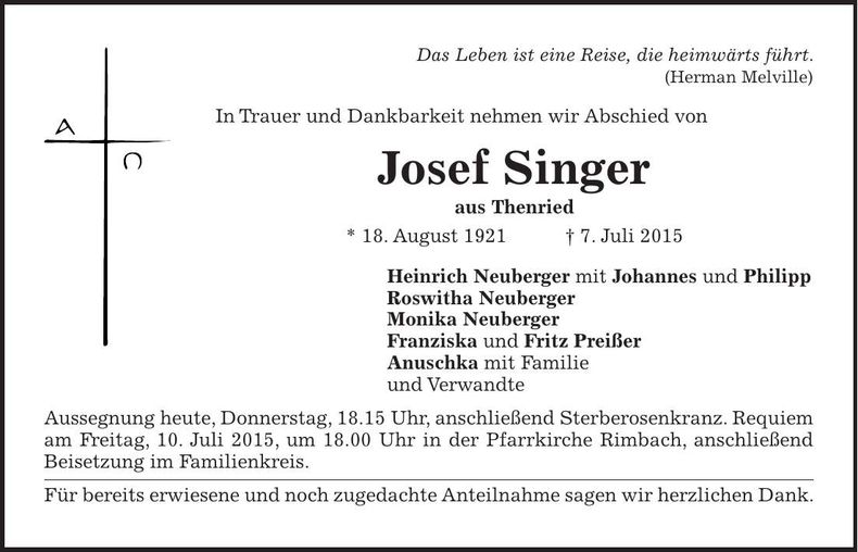 Traueranzeige Josef Singer